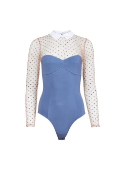 Collared Bodysuit with Dotted Tulle